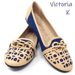 Laser Cut Denim Colorblock Flats, B-2617 Dark Blue